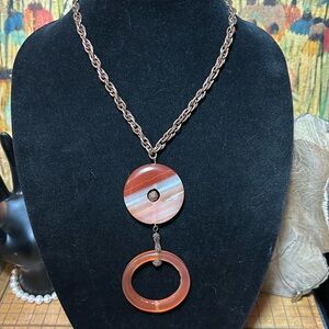 Carnelian Donut 4.25” Dangle Pendant Necklace 18”L Coppery Twisting Link Chain
